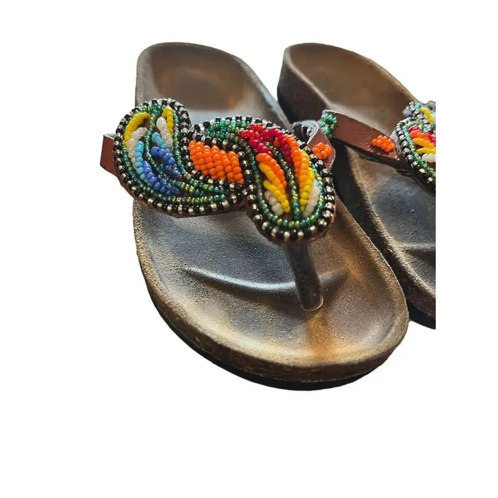 Beaded Leather Hand Crafted Sandals US Youth Sz 10 Unbranded Cork &‎ Leather